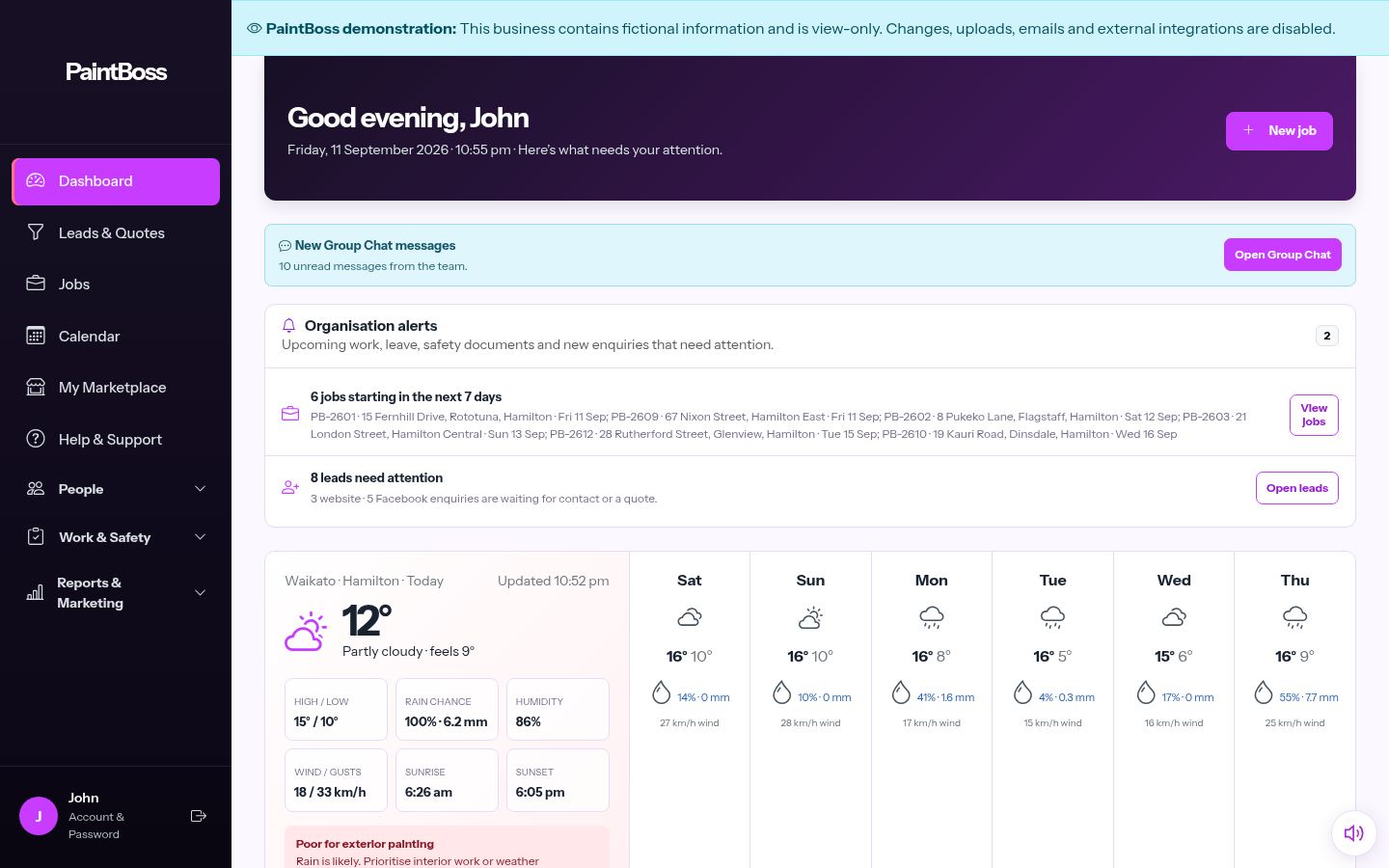 PaintBoss business dashboard showing current work and business alerts