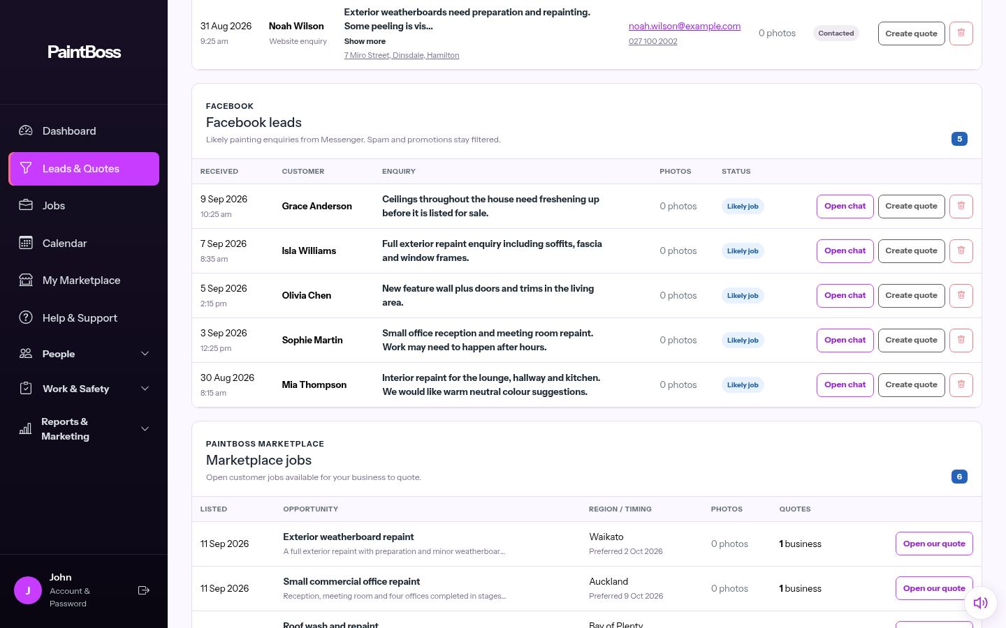 PaintBoss Facebook leads list