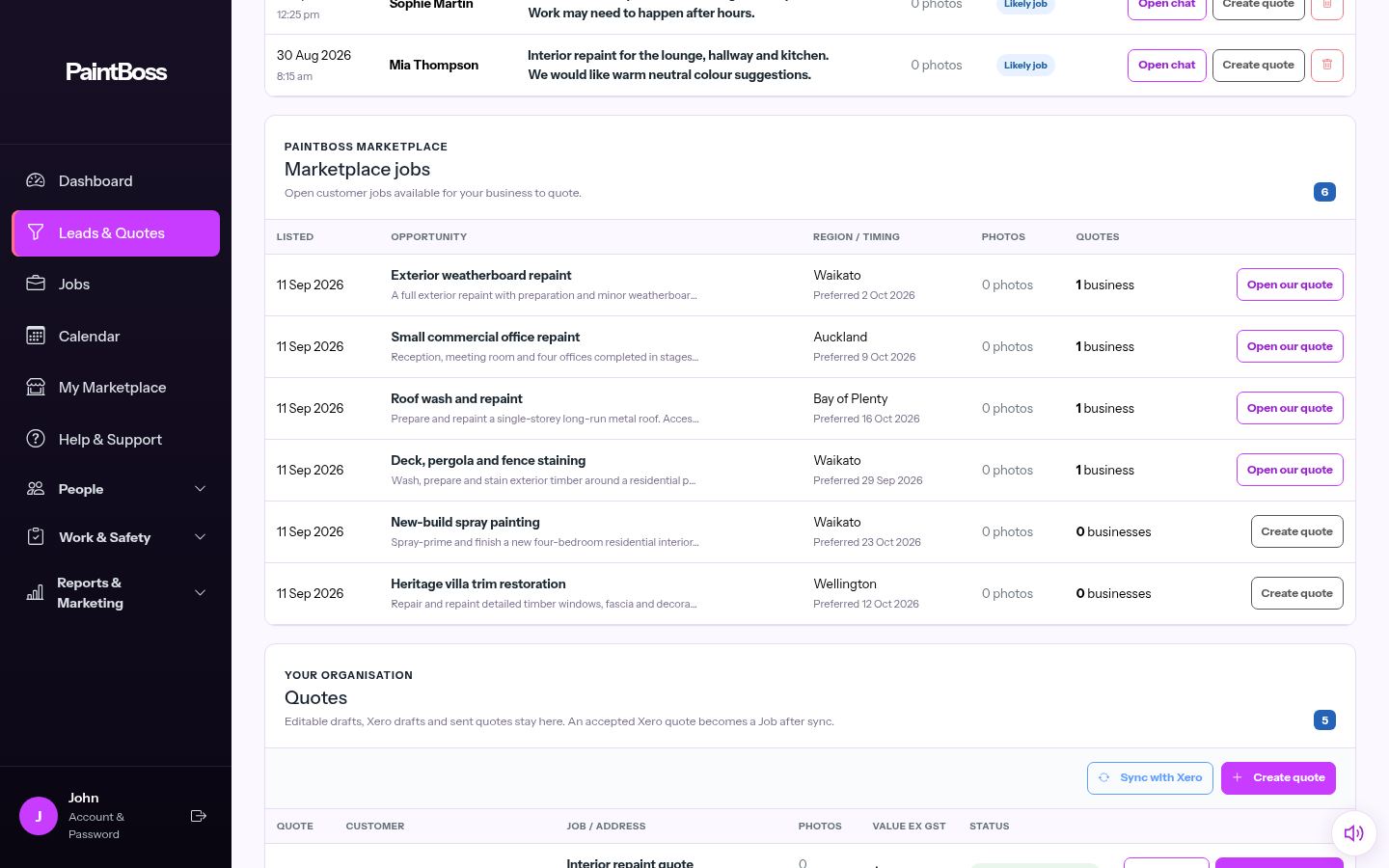 PaintBoss marketplace opportunities inside Leads and Quotes
