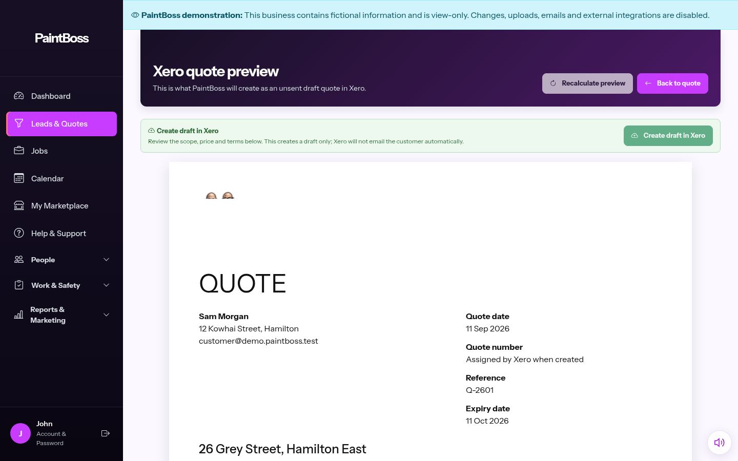 PaintBoss itemised quote preview