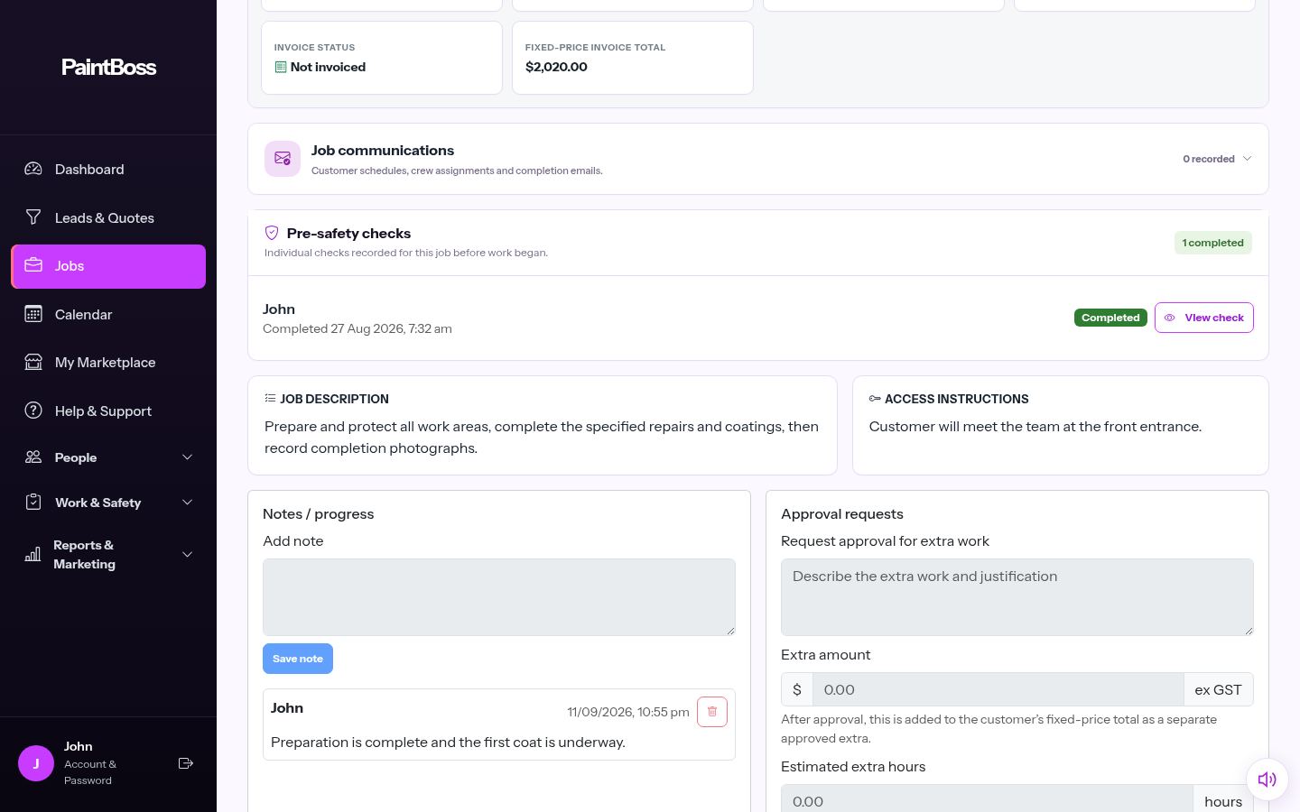 PaintBoss job notes and field records