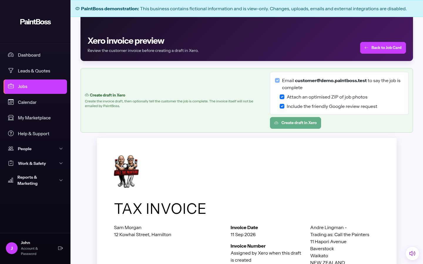 PaintBoss invoice preview