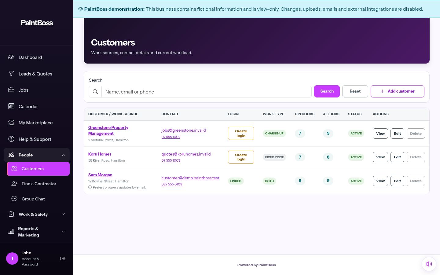 PaintBoss customer directory