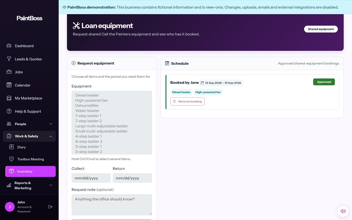 PaintBoss equipment loan screen